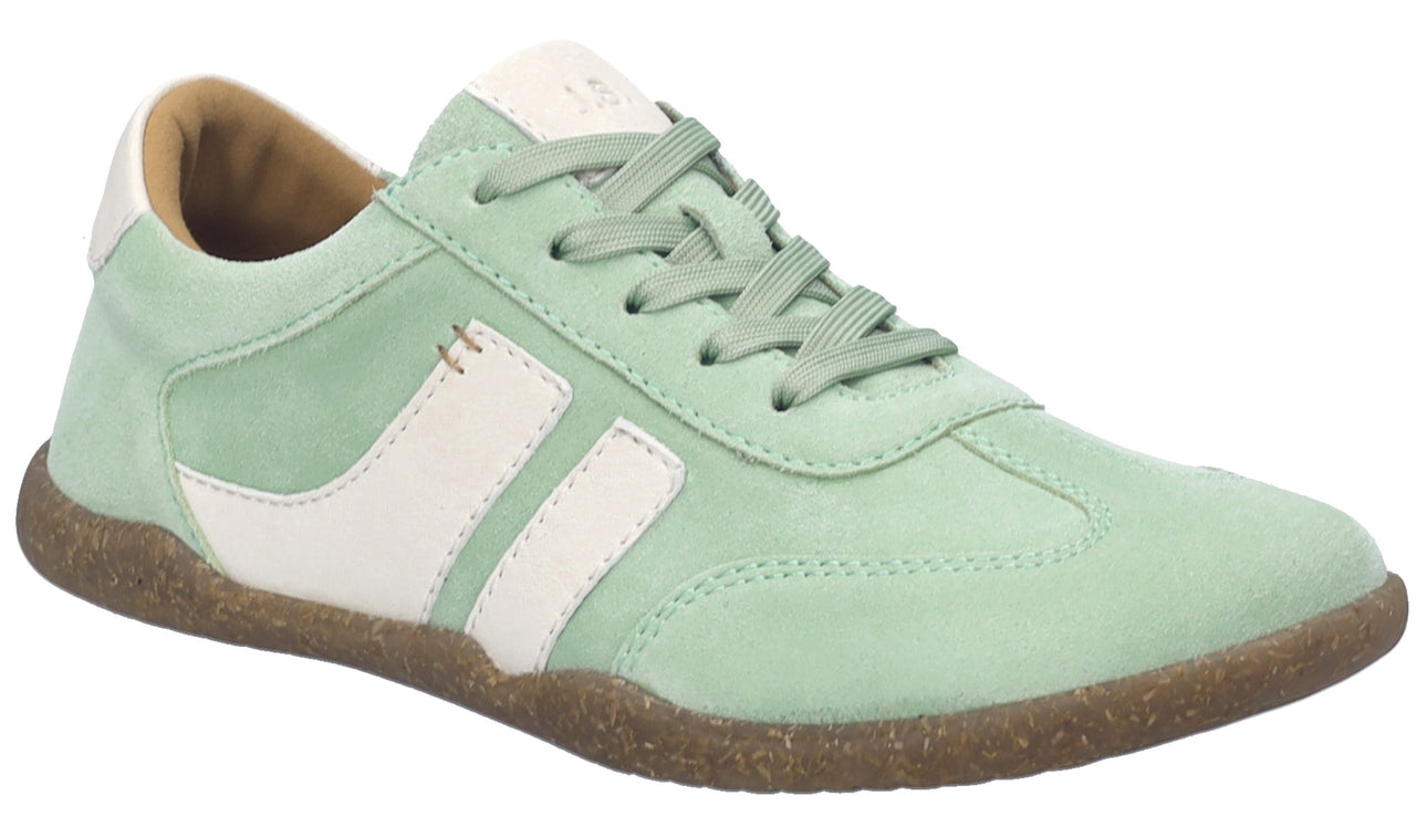 Low-profile mint green leather sneaker with white accents, lace-up closure and brown sole.