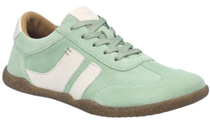 Low-profile mint green leather sneaker with white accents, lace-up closure and brown sole.