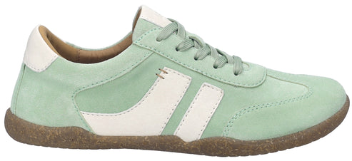A light green sneaker with white stripes and laces, featuring a tan sole and heel.