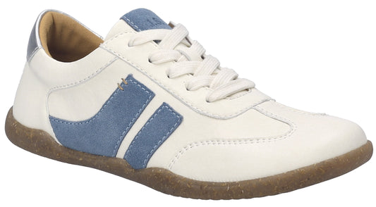 White sneaker with light blue stripes and laces.