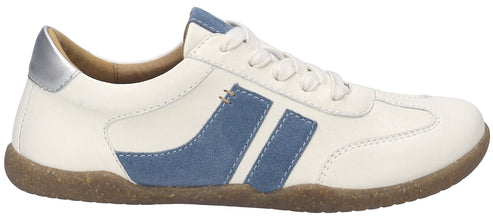 A white sneaker with blue stripes and brown sole.