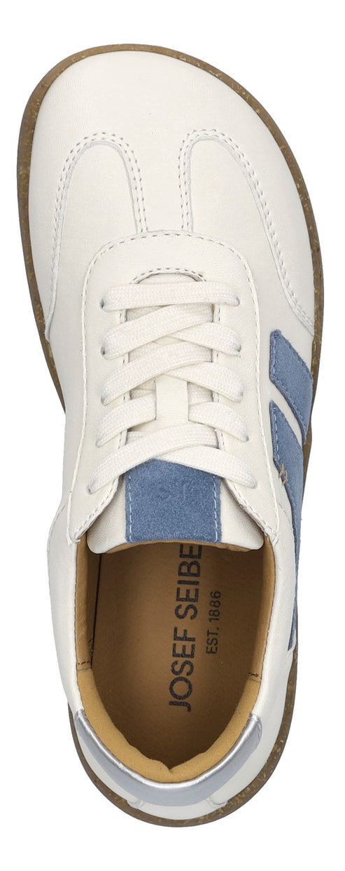 A top-down view of a white sneaker with blue stripes on the side.