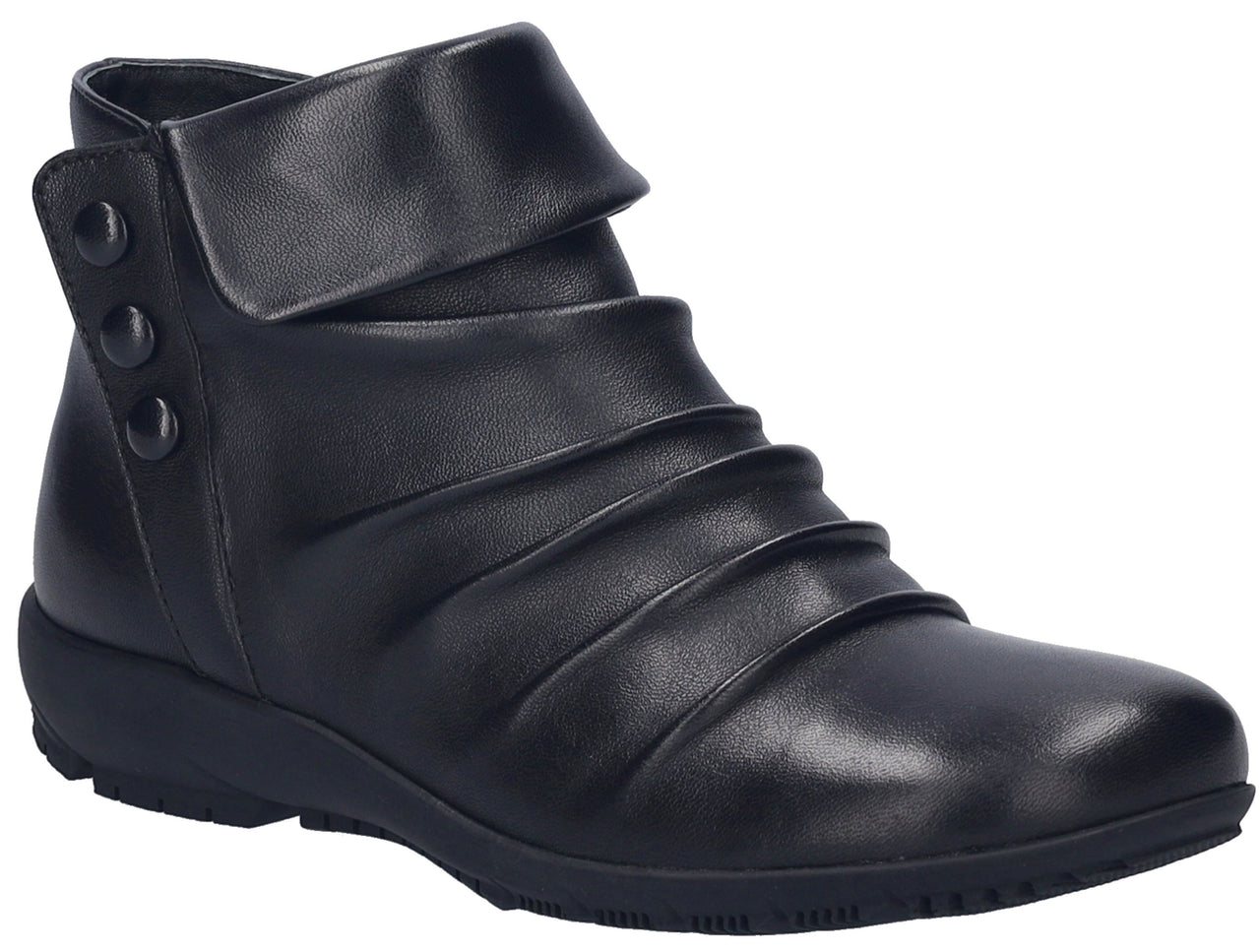 Black leather ankle boot with buttoned wrap-around collar.