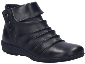 Black leather ankle boot with buttoned wrap-around collar.