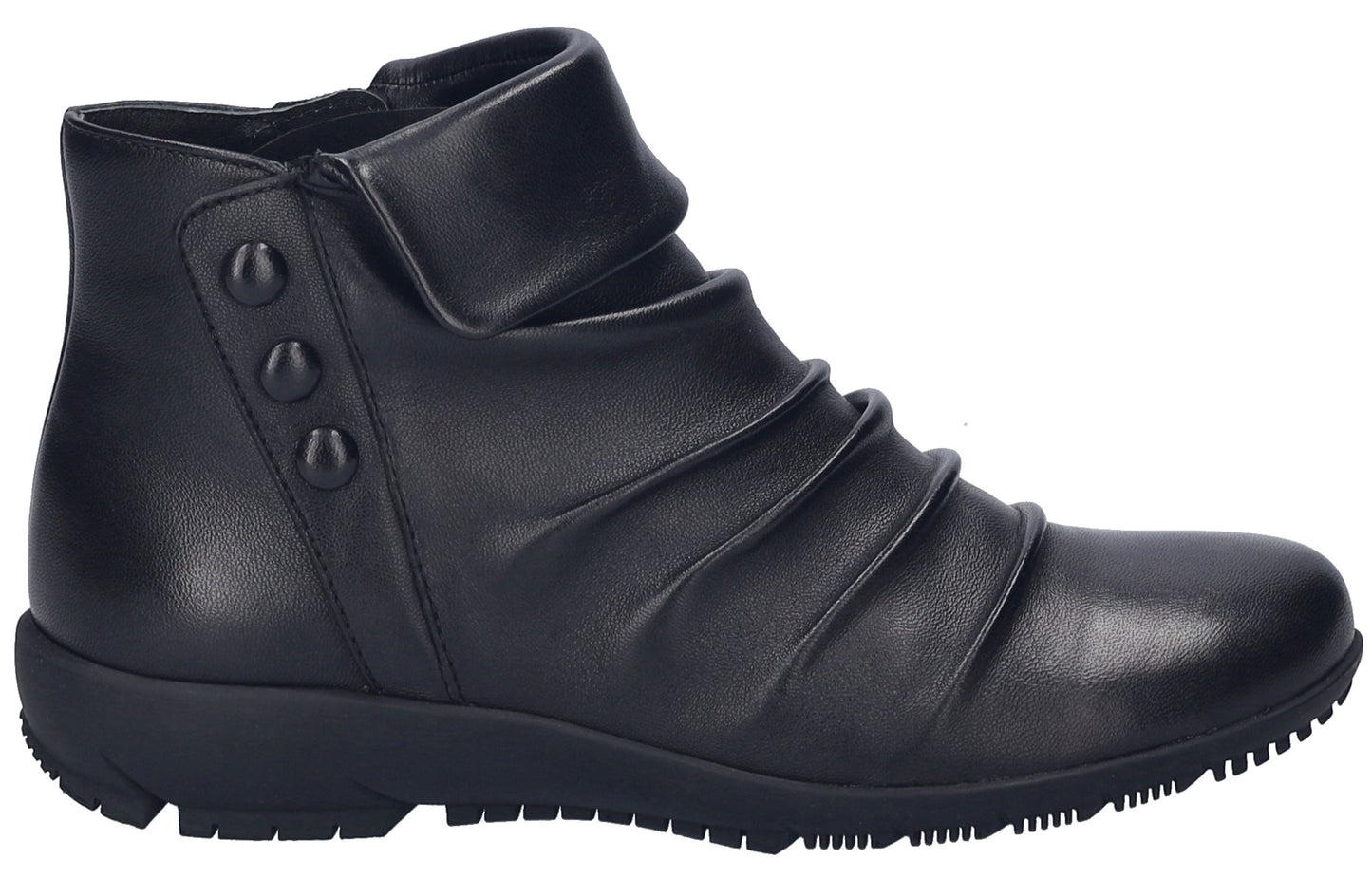 Black ankle boot with a side zipper and decorative buttons.