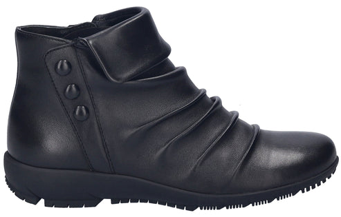 Black ankle boot with a side zipper and decorative buttons.