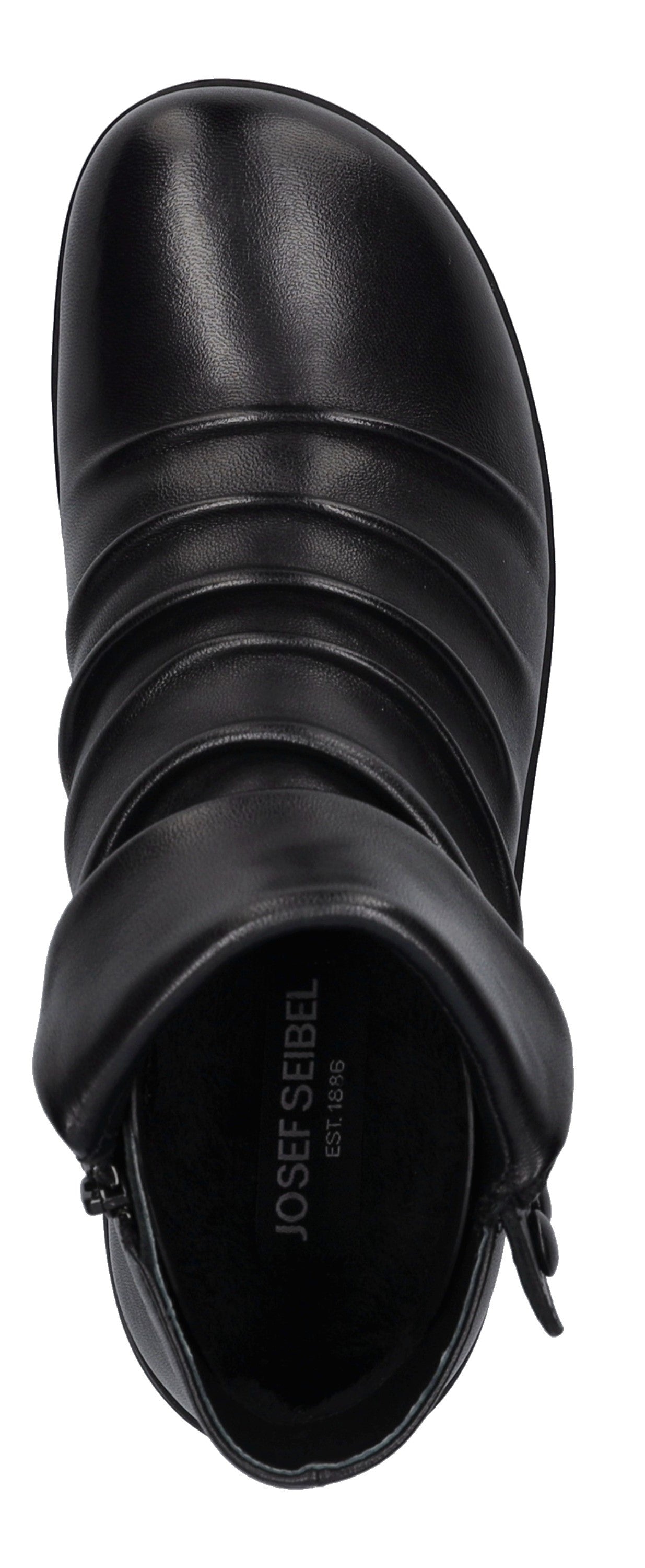 Black leather boot with gathered details.