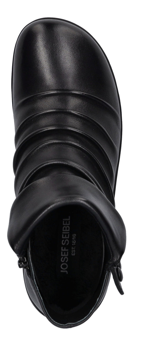 Black leather boot with gathered details.