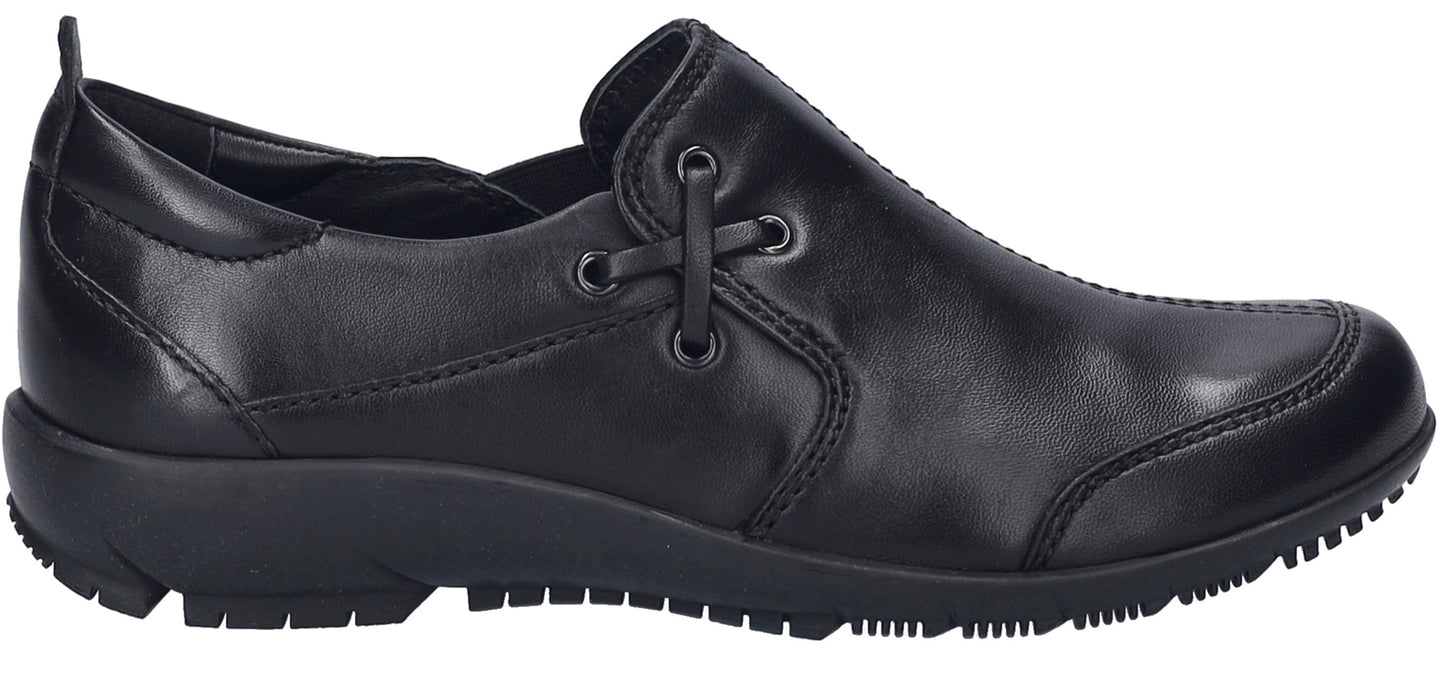 Black slip-on shoe with a flat sole.