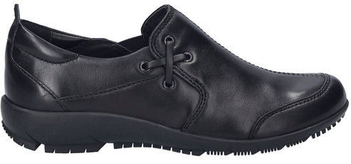 Black slip-on shoe with a flat sole.