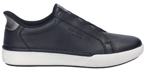 Navy blue leather sneaker with a white sole.