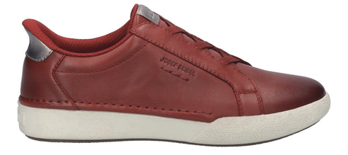 Red leather slip-on sneaker with a white sole and silver heel accent.