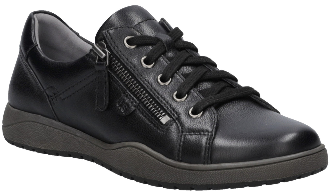 A black leather casual sneaker with a side zipper closure, black laces, silver eyelets, and a dark grey textured rubber sole.