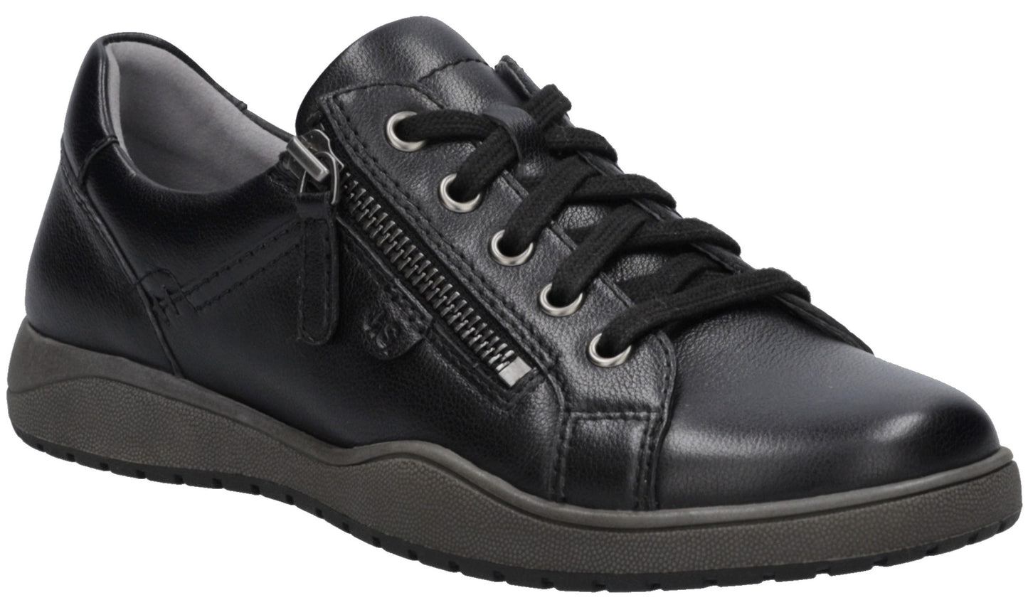 A black leather casual sneaker with a side zipper closure, black laces, silver eyelets, and a dark grey textured rubber sole.