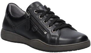 A black leather casual sneaker with a side zipper closure, black laces, silver eyelets, and a dark grey textured rubber sole.