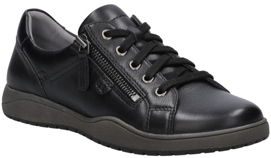 A black leather casual sneaker with a side zipper closure, black laces, silver eyelets, and a dark grey textured rubber sole.