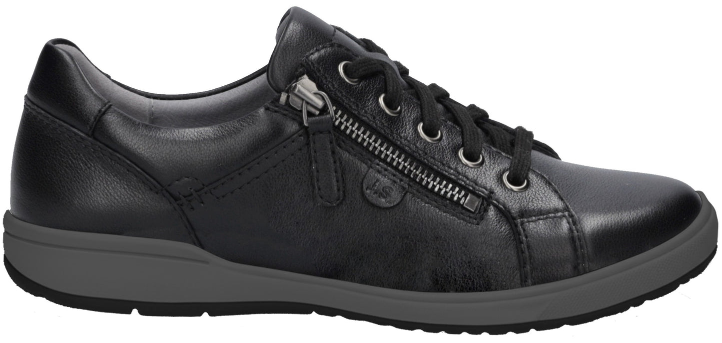 A black leather sneaker with a side zipper, black laces, metallic eyelets, a dark grey midsole, and a black outsole, shown in a side profile view.