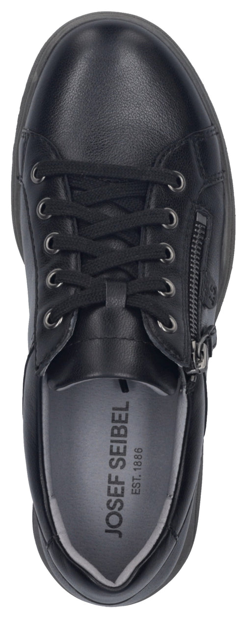 A top-down view of a black, lace-up leather shoe with a side zipper and a grey insole printed with the text Josef Seibel Est. 1886.