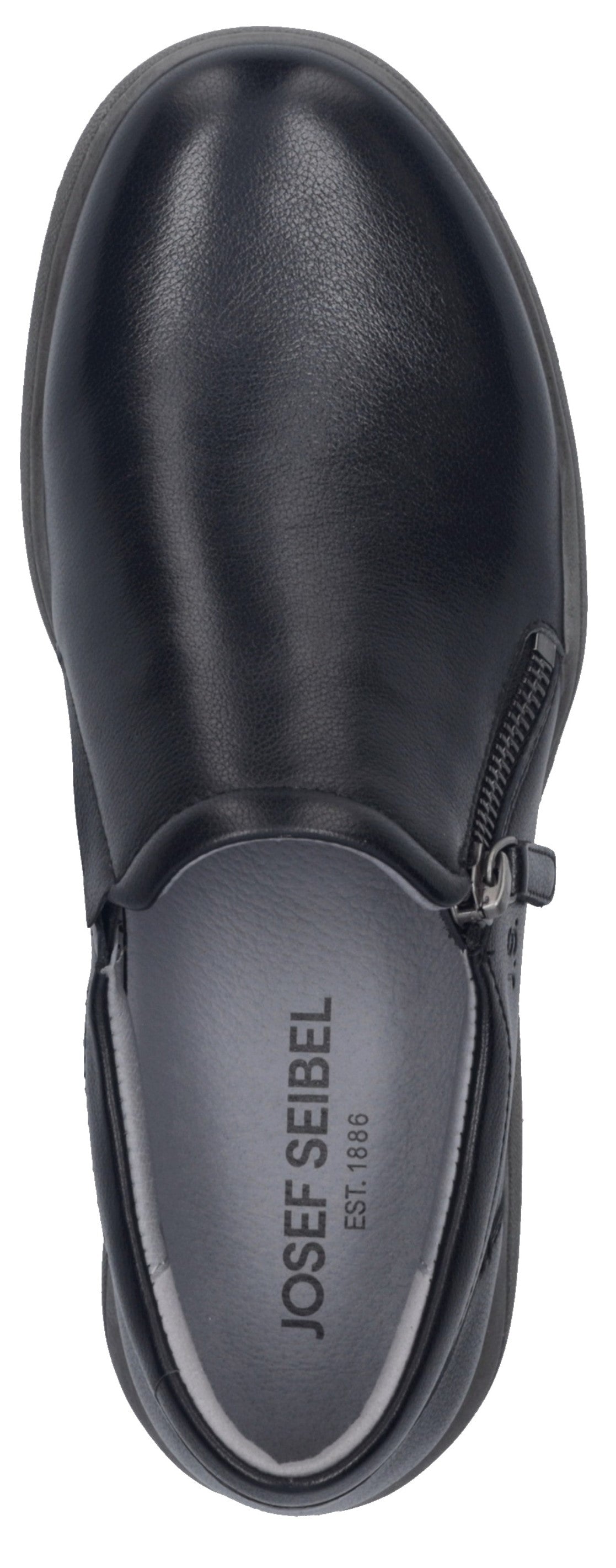A top-down view of a black slip-on shoe with a small side zipper and the text Josef Seibel Est. 1886 printed on the light gray insole.