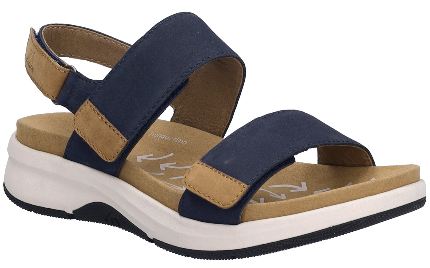 A platform sandal in navy blue, tan, and white, with two wide straps and hook-and-loop fasteners on the tan-colored heel strap.