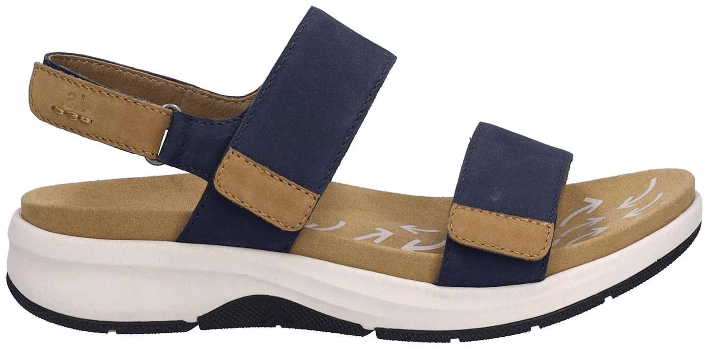 A sandal with navy blue straps, tan accents, a white midsole, and a black outsole.
