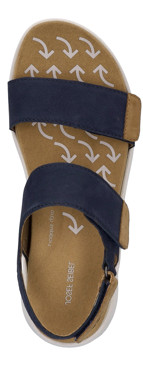 Navy sandal with velcro straps.