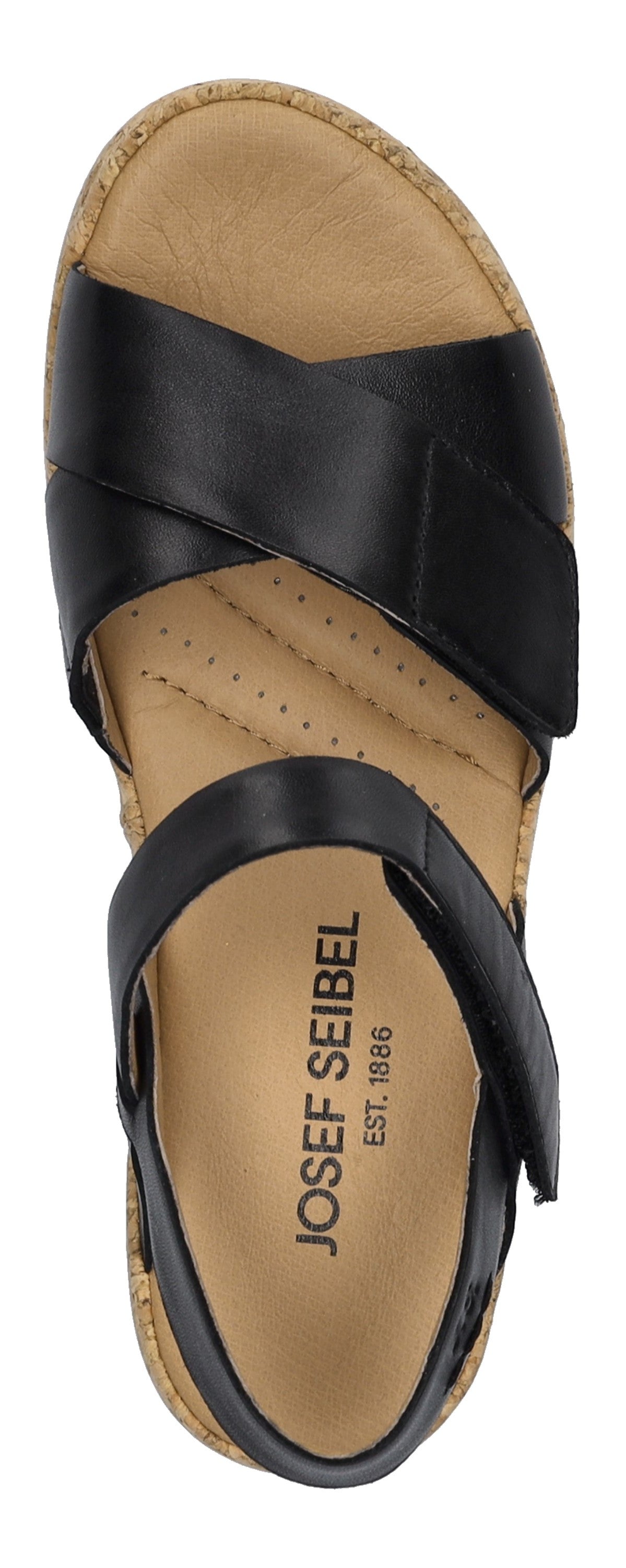 black sandal with the brand name JOSEF SEIBEL EST. 1886 on its insole