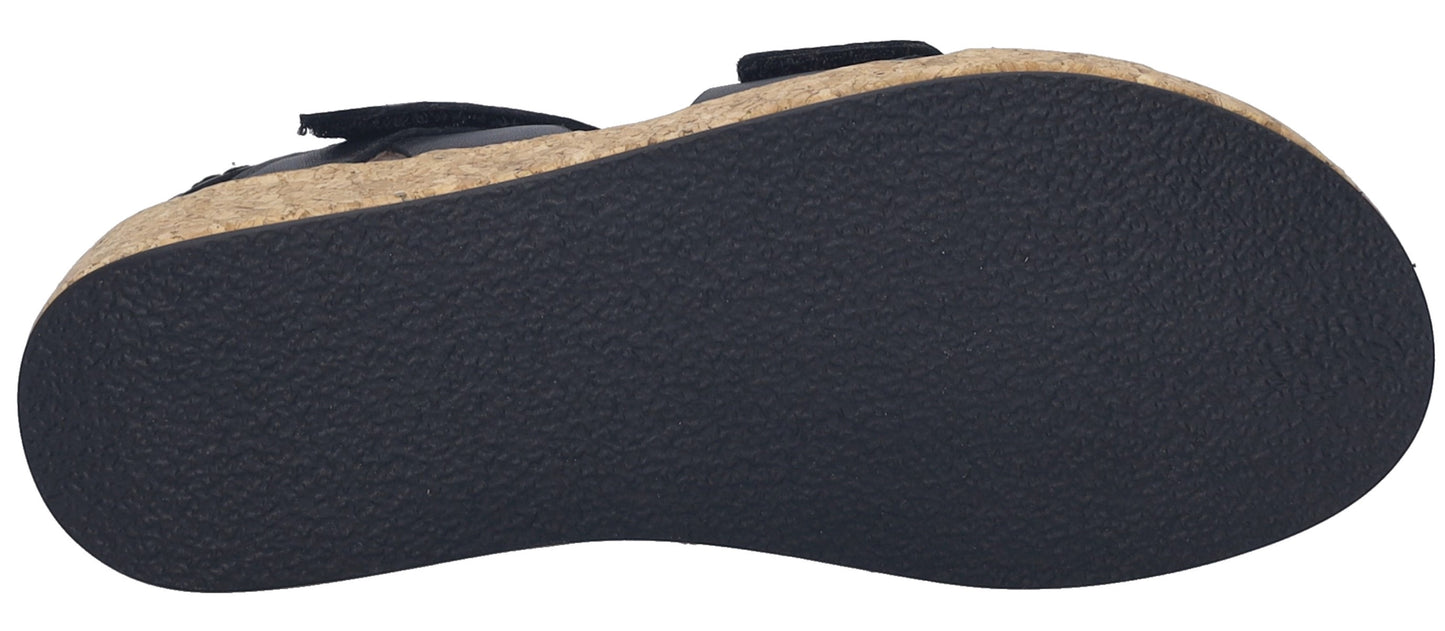 Bottom view of a sandal with a black sole and a cork mid-sole.