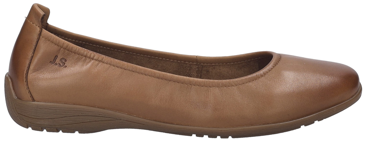 A brown leather ballet flat.