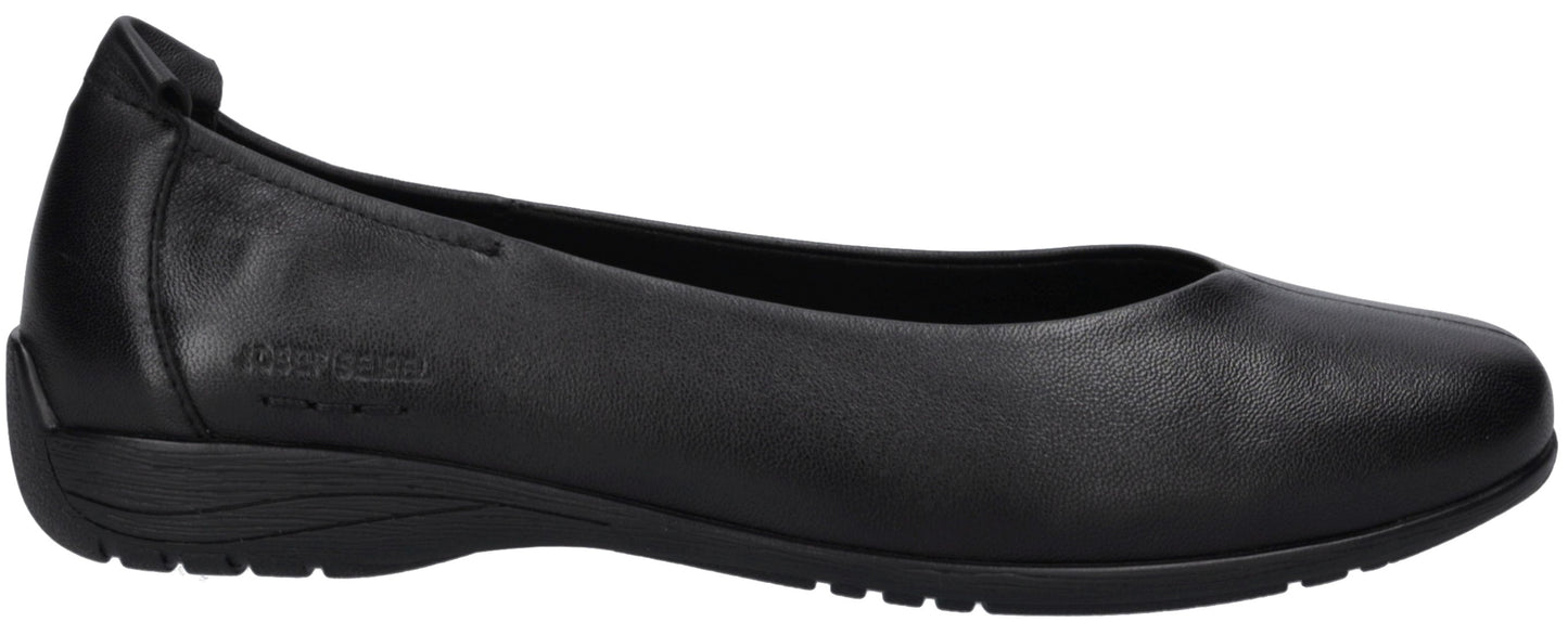 A side view of a black, flat, slip-on women's shoe with a smooth leather exterior, a rounded toe, and a low, textured rubber sole.