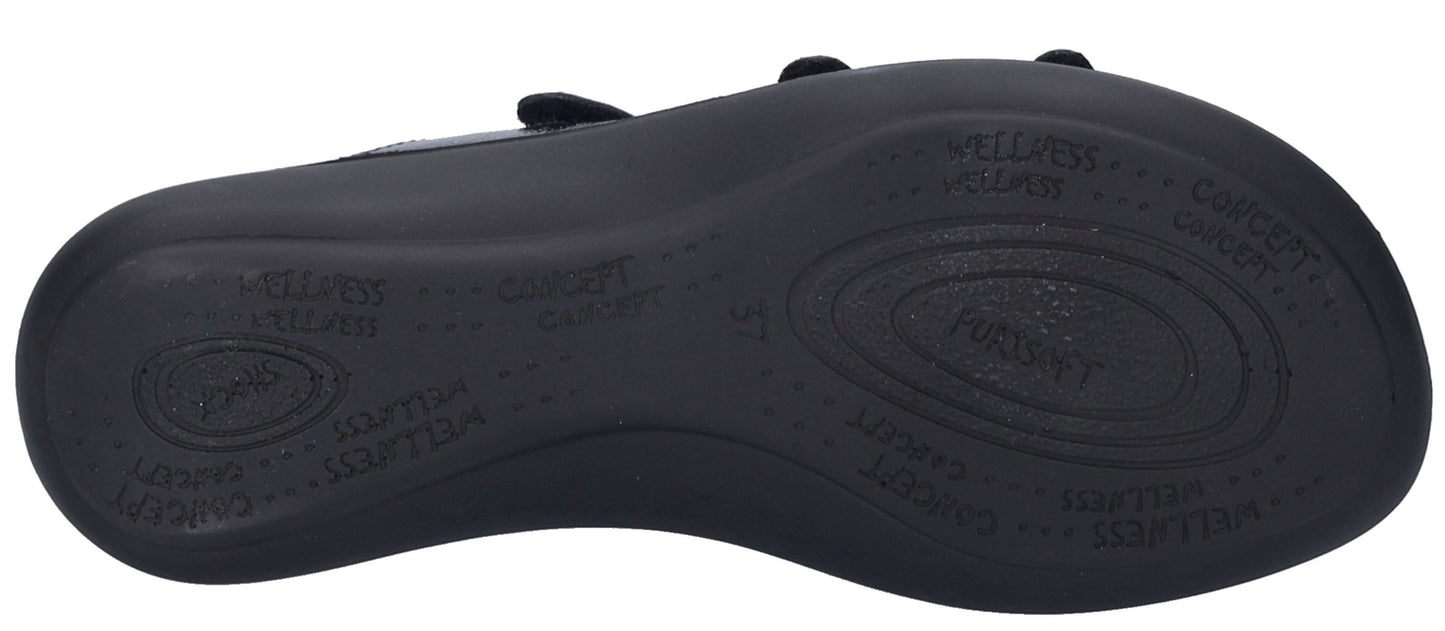 Black shoe sole with brand logo and wellness related text.