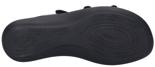 Black shoe sole with brand logo and wellness related text.