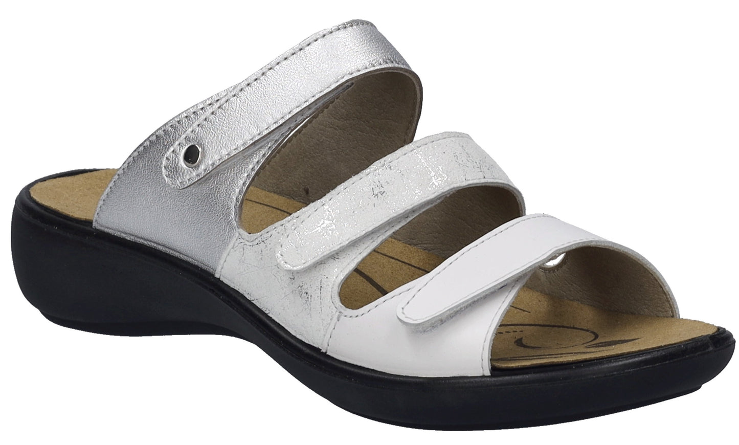 A silver and white sandal with three hook and loop straps and a black sole.