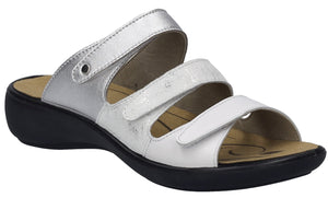 A silver and white sandal with three hook and loop straps and a black sole.