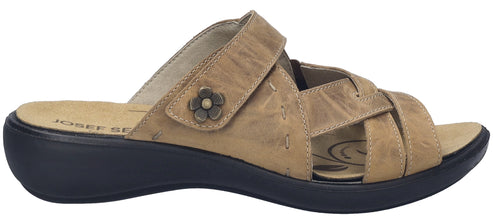 tan sandal with velcro strap and flower accent