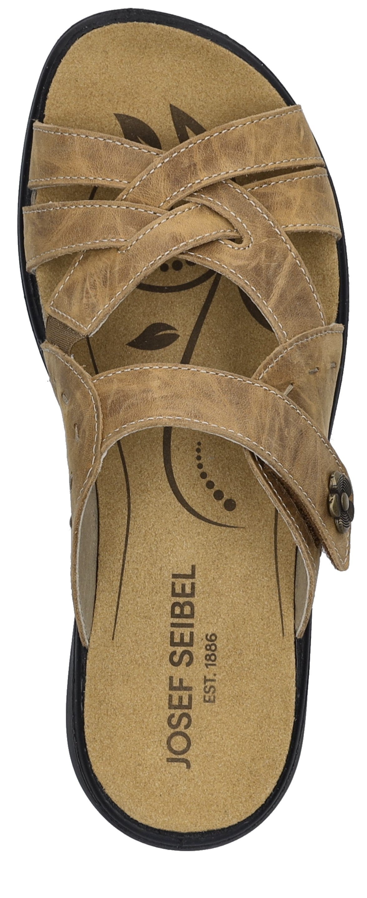 A tan sandal with multiple straps, including a strap that is adjustable with a flower-shaped buckle, and text on the sole that reads "JOSEF SEIBEL EST. 1886".