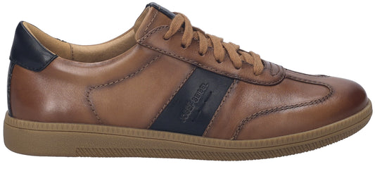 A brown leather sneaker with dark blue accents and brown laces.