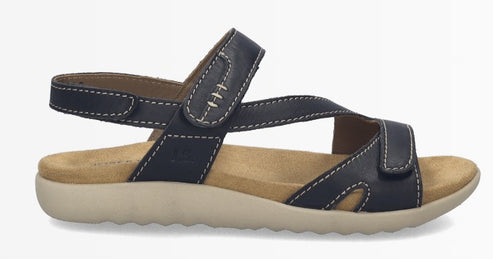 Navy blue sandal with hook-and-loop straps, white stitching, and a tan insole and sole.