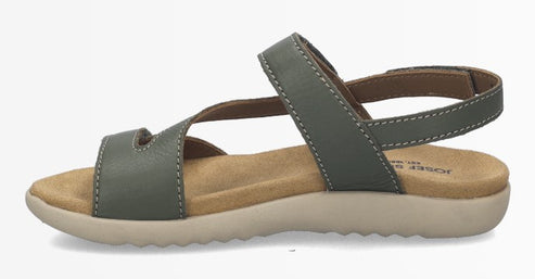 Green leather sandal with a beige sole and two straps.