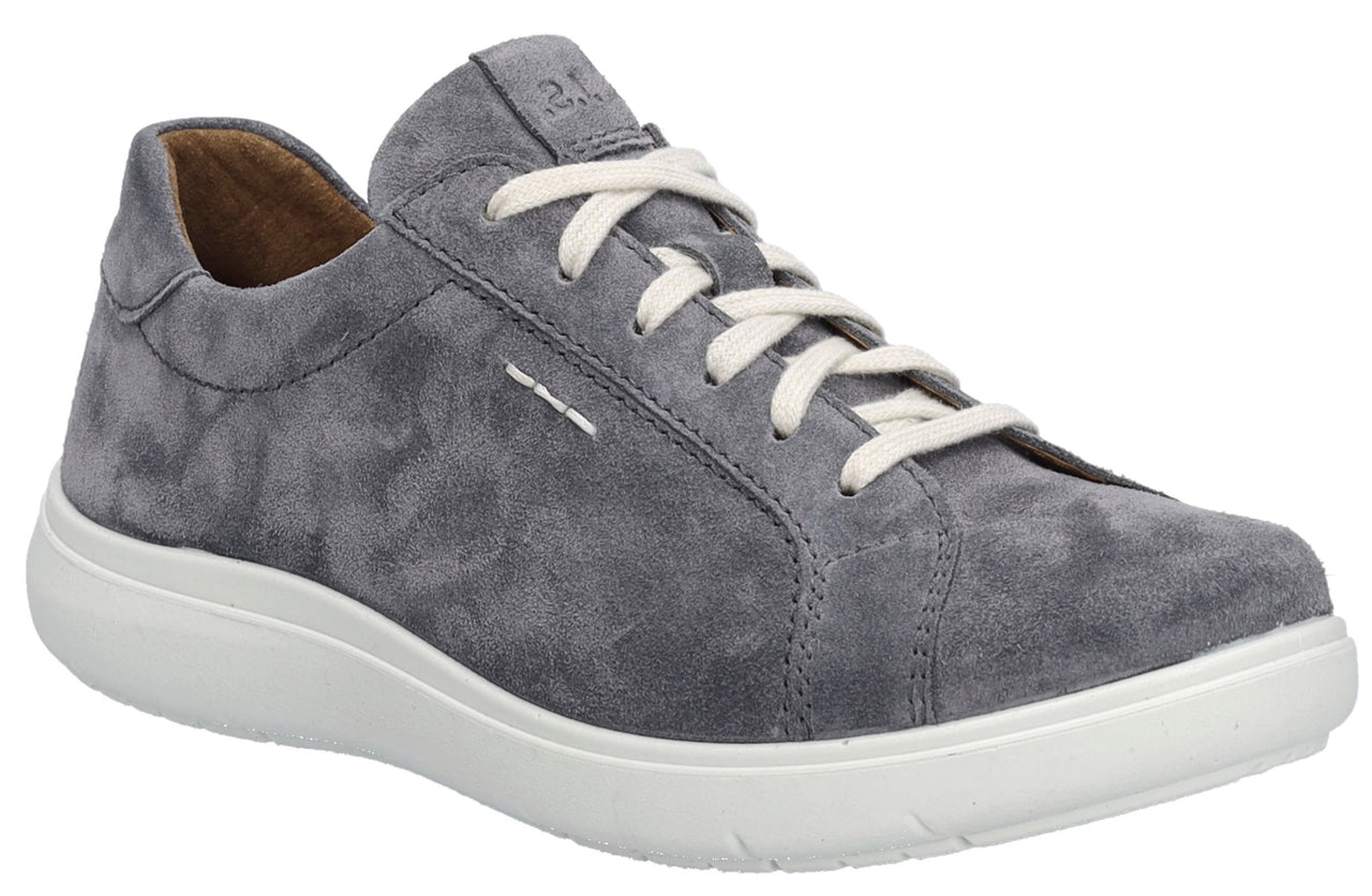 Gray suede sneaker with white laces and sole.