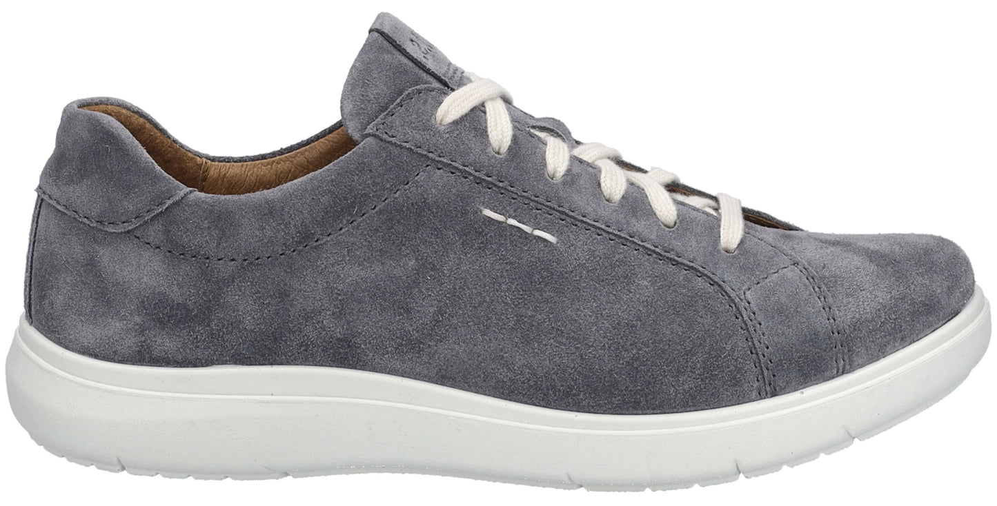 Gray suede sneaker with white laces and a white sole.