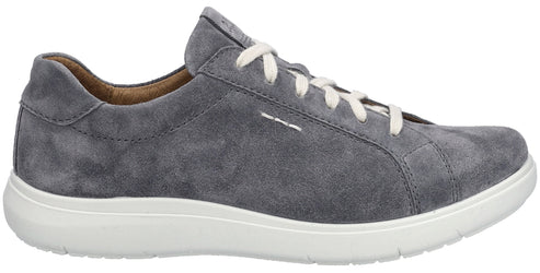 Gray suede sneaker with white laces and a white sole.