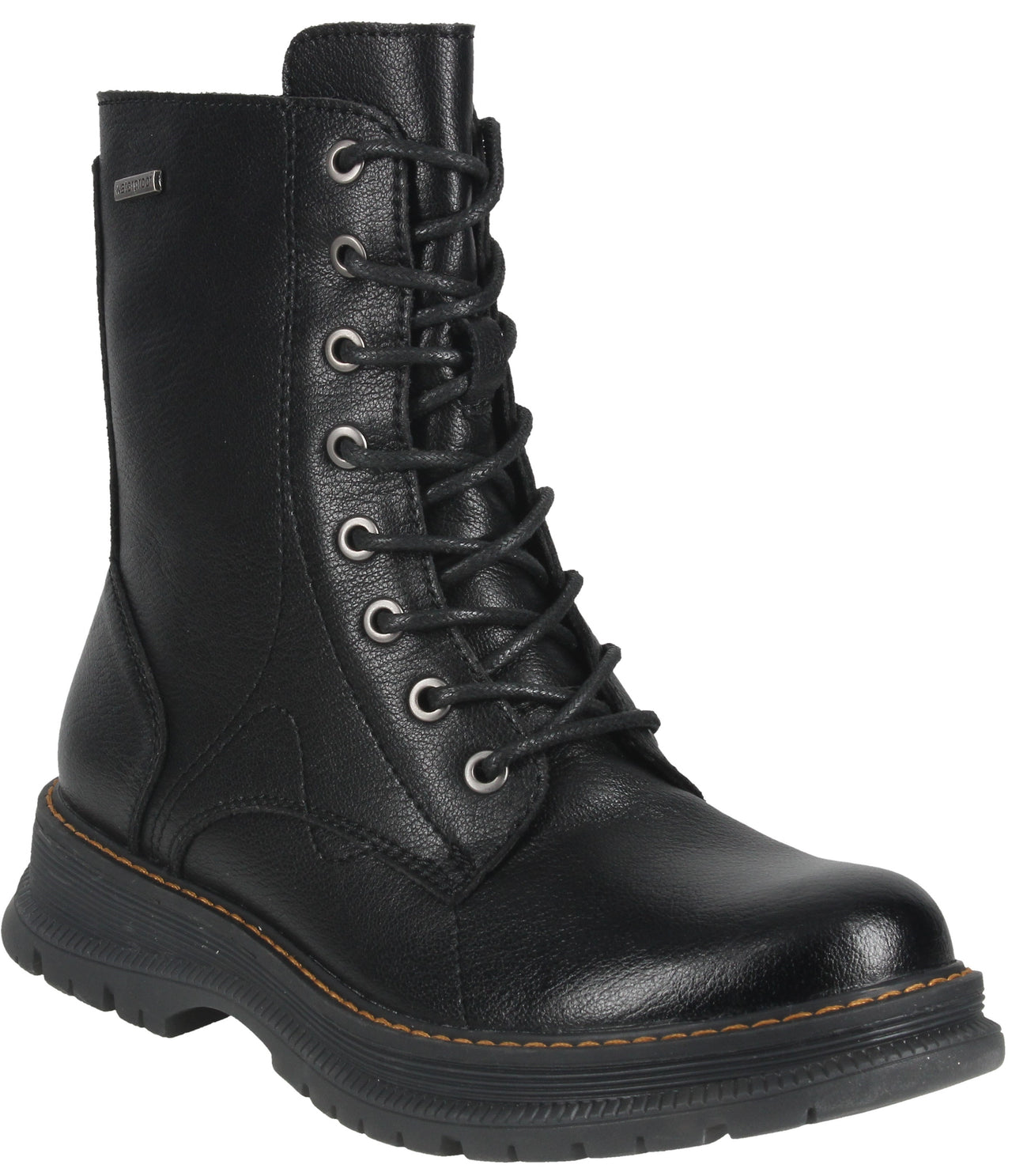 A black leather mid-calf lace-up combat boot with silver eyelets, a thick textured rubber sole with visible tan stitching, and a small tag on the outer upper shaft.