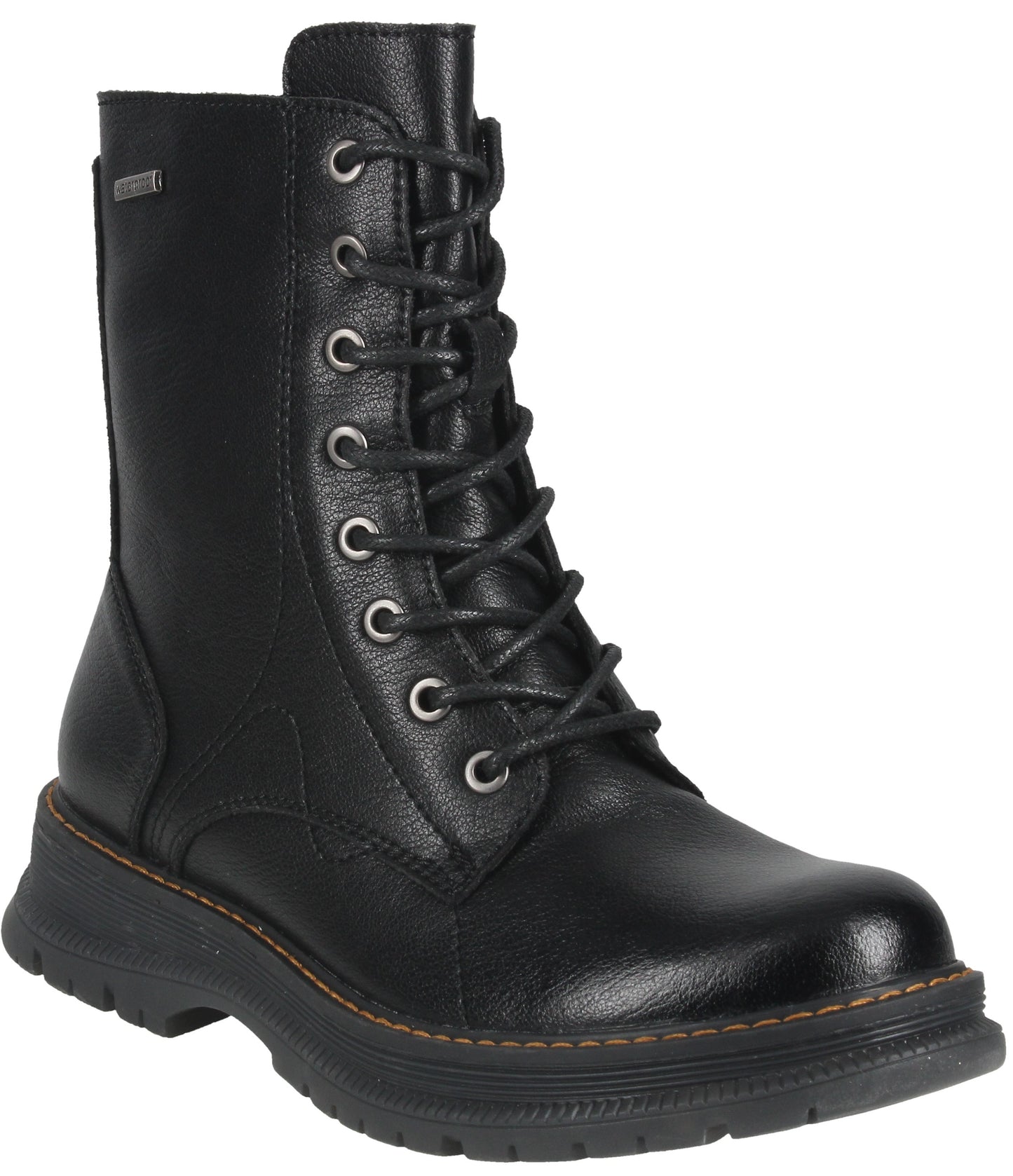 A black leather mid-calf lace-up combat boot with silver eyelets, a thick textured rubber sole with visible tan stitching, and a small tag on the outer upper shaft.