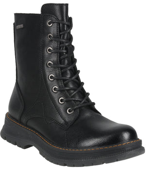 A black leather mid-calf lace-up combat boot with silver eyelets, a thick textured rubber sole with visible tan stitching, and a small tag on the outer upper shaft.