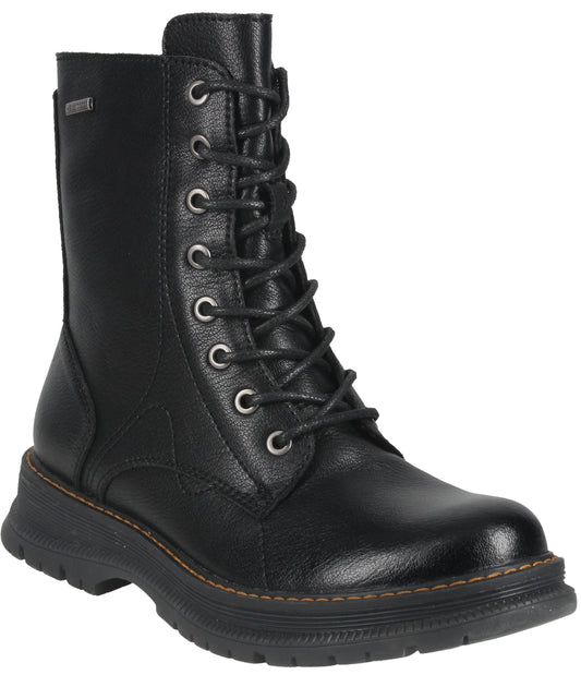 A black leather mid-calf lace-up combat boot with silver eyelets, a thick textured rubber sole with visible tan stitching, and a small tag on the outer upper shaft.