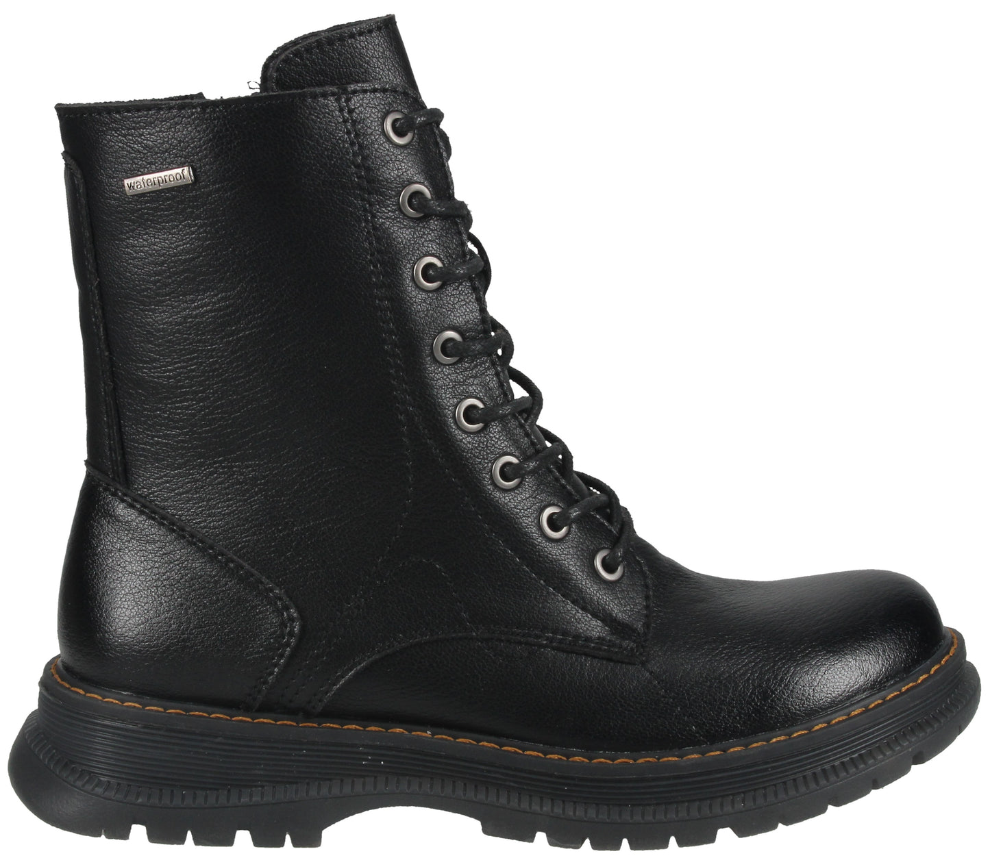 A black leather-look ankle boot with a lace-up front, metal eyelets, a thick, ridged black rubber outsole with a thin orange-brown accent line above the sole, and a small, rectangular metallic detail on the outer shaft.