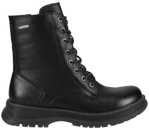 A black leather-look ankle boot with a lace-up front, metal eyelets, a thick, ridged black rubber outsole with a thin orange-brown accent line above the sole, and a small, rectangular metallic detail on the outer shaft.