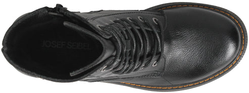A top-down view of a black leather lace-up boot with a thick sole and prominent brown stitching around the edge, featuring the text JOSEF SEIBEL printed on the inner sole.