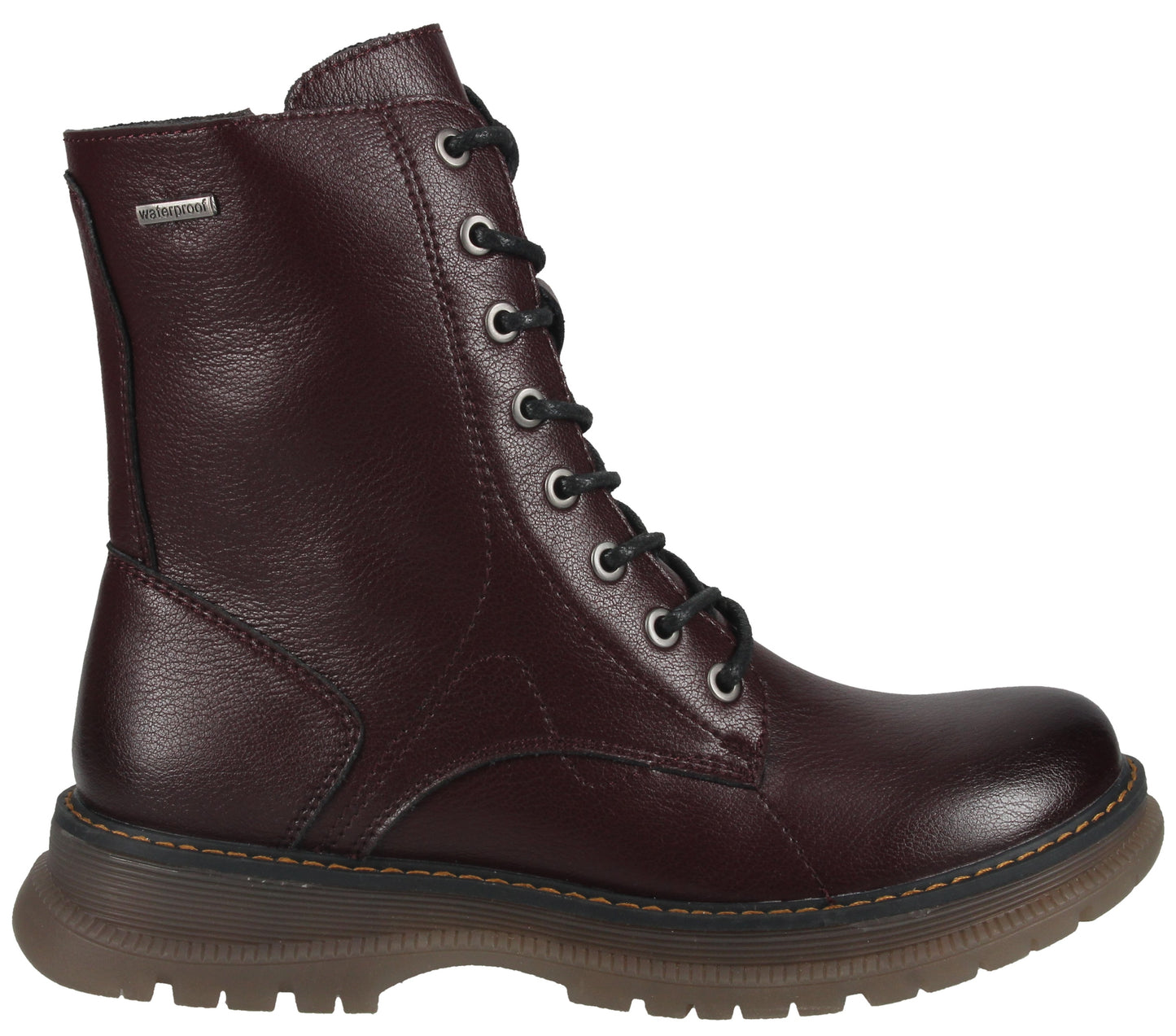 A maroon, leather-textured lace-up boot with metal eyelets, black laces, a silver logo tag on the side, and a thick, chunky, ridged brown sole.
